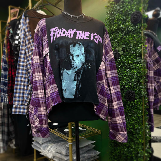 Reworked One of a Kind Friday the 13th Cropped flannel Shirt