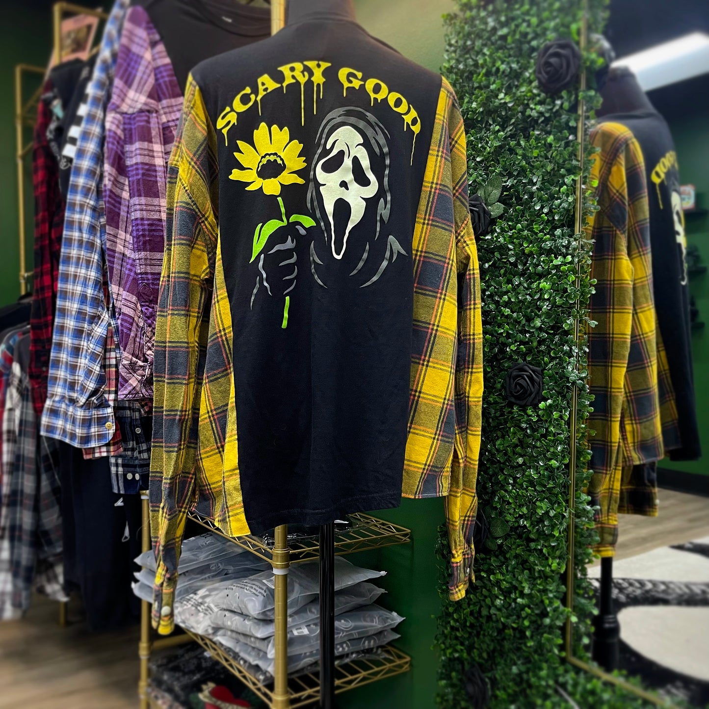 Reworked One of a Kind Yellow Ghostface Graphic Tee Flannel