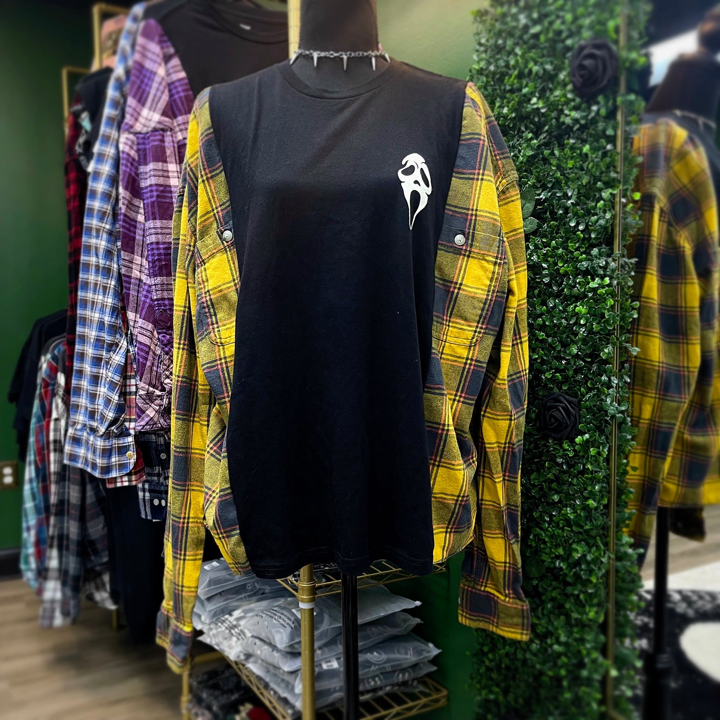 Reworked One of a Kind Yellow Ghostface Graphic Tee Flannel